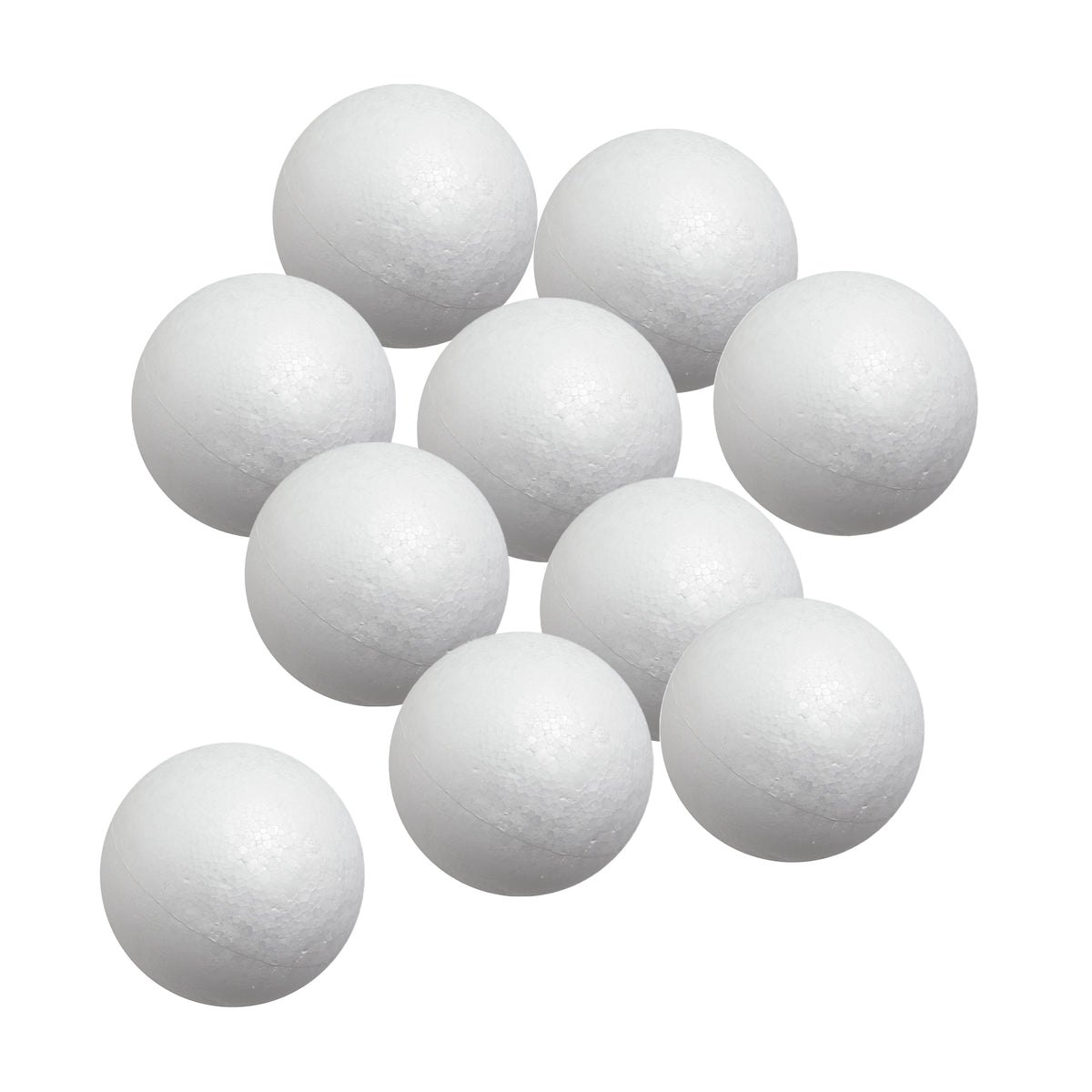 Ten Zart Poly Deco Foam balls gathered in a loose arrangement against a white background. Each smooth white sphere shows the lightly dimpled, beaded foam texture across its surface, with a faint moulding seam running around the middle of each ball.