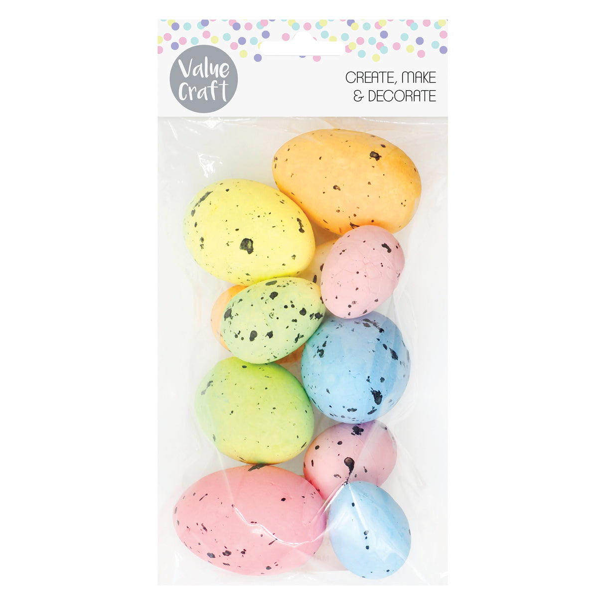 Value Craft speckled Easter eggs in pastel shades of yellow, orange, pink, green, and blue with black speckled details, displayed in clear packaging. The header features colourful confetti dots and text reading CREATE, MAKE & DECORATE. Ten assorted-sized decorative eggs arranged vertically.
