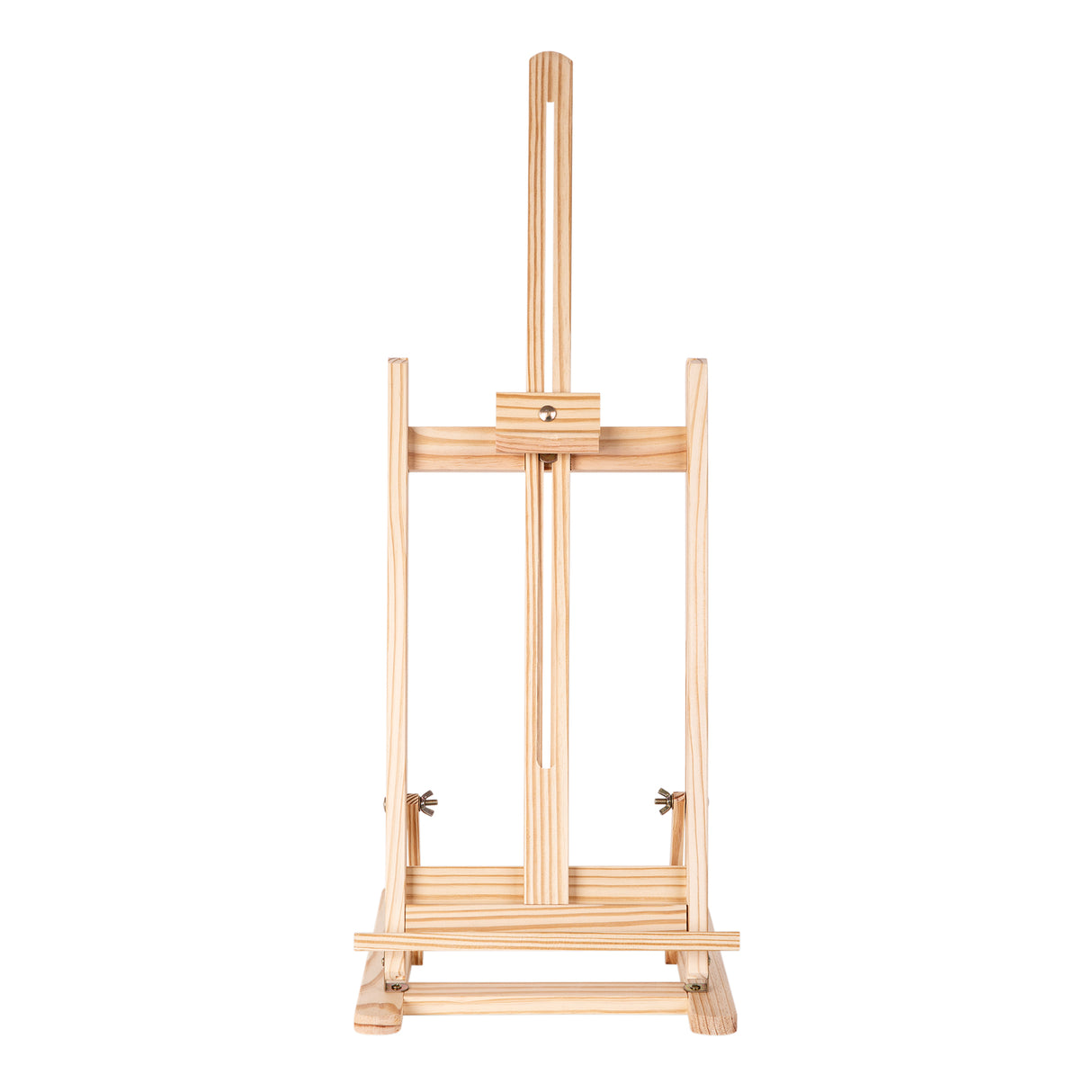 Front view of a natural wood tabletop easel with a slim vertical frame, adjustable centre support and horizontal canvas ledge. The easel is photographed against a light grey background, showing visible woodgrain texture, brass fittings and a compact rectangular base with clean symmetrical lines.