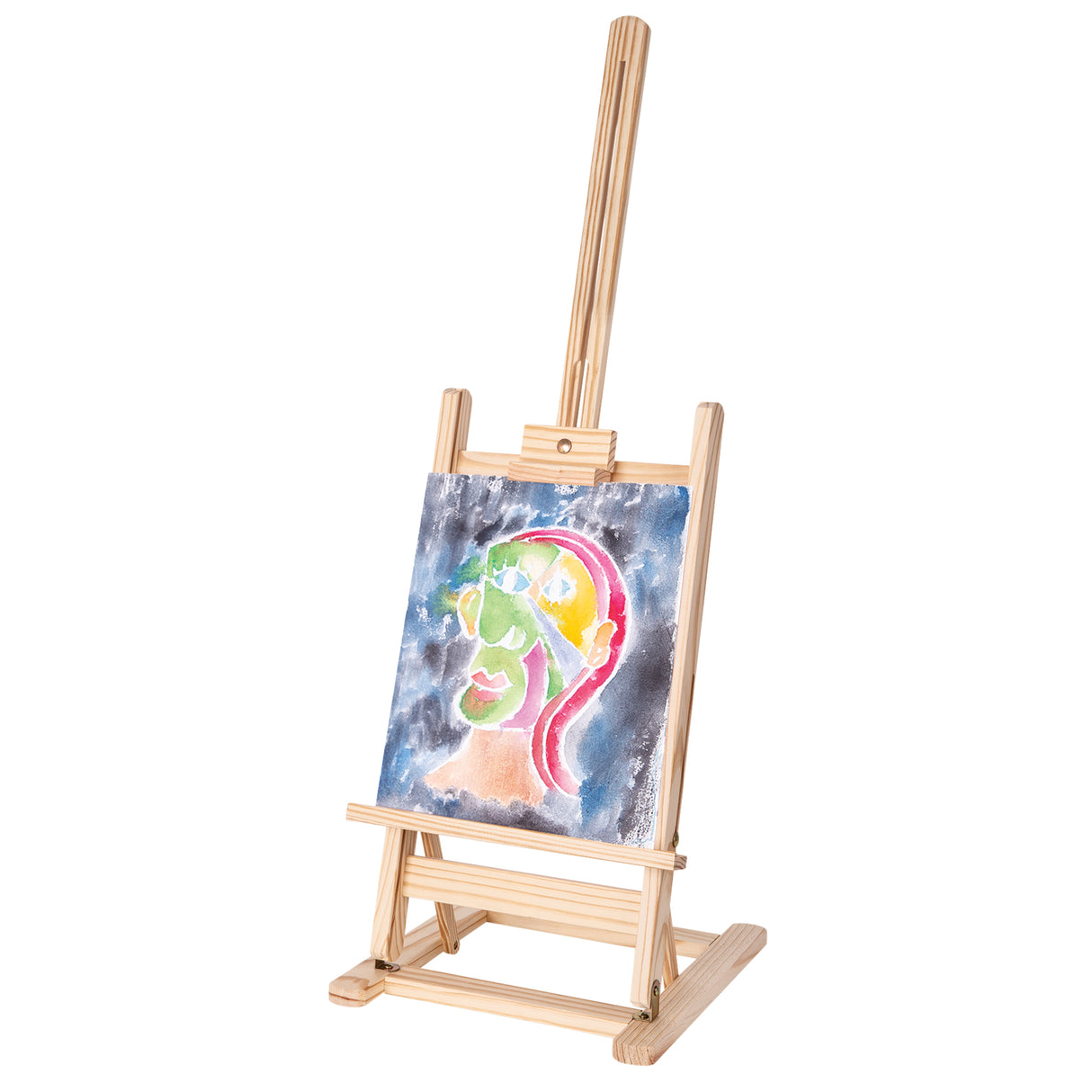Angled view of a natural wood tabletop easel holding a colourful painted portrait artwork featuring pink, green, yellow and blue tones with soft watercolour textures. The adjustable easel frame includes brass fittings, visible woodgrain detail and a tilted support structure against a light grey background.
