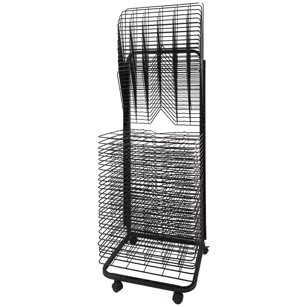 Tall black metal drying rack with multiple wire shelves and four castor wheels, designed for drying artwork or prints, shown on a white background.