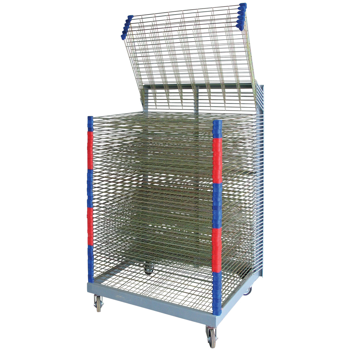 Tall metal drying rack on castor wheels, shown against a white background, featuring multiple horizontal wire mesh shelves for drying artwork or prints. The rack has a hinged top section that is raised open, revealing the stacked shelf design. Vertical corner posts are wrapped with alternating red and blue protective grips, and the sturdy grey metal base supports four swivel wheels for easy movement around a classroom or studio.
