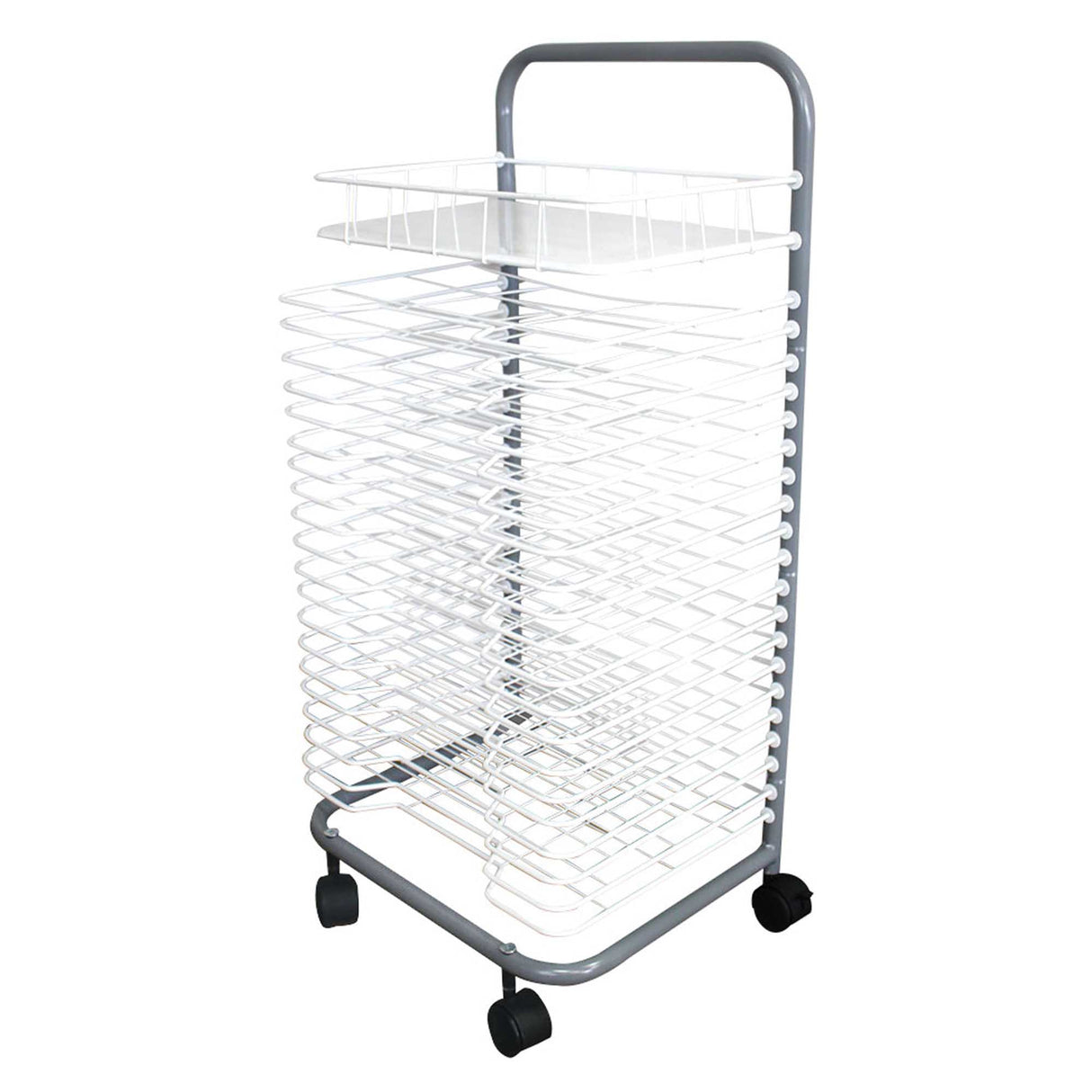 Zart Product DPZ121 Drying Rack with Tray 20 Shelves - A tall, wheeled drying rack with multiple white wire shelves and a grey metal frame, used for drying artworks or paper.