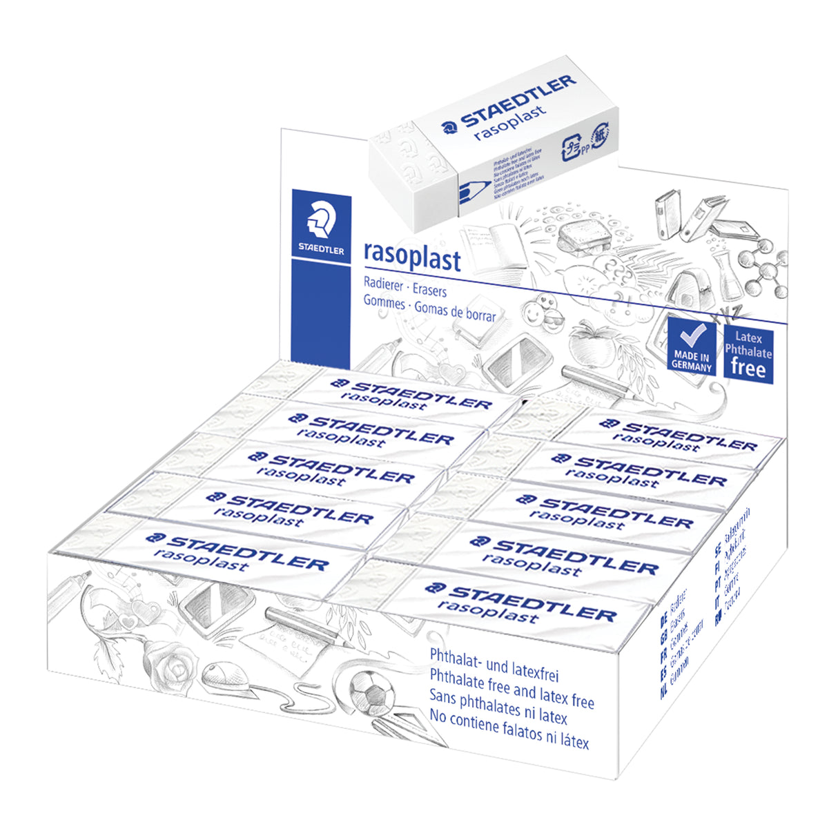 Display box of larger Staedtler Rasoplast erasers arranged in rows inside white and blue packaging decorated with illustrated sketch graphics. Visible packaging text includes “STAEDTLER”, “rasoplast”, “Made in Germany” and “Latex Phthalate free”. The erasers have smooth matte surfaces and clean rectangular forms.