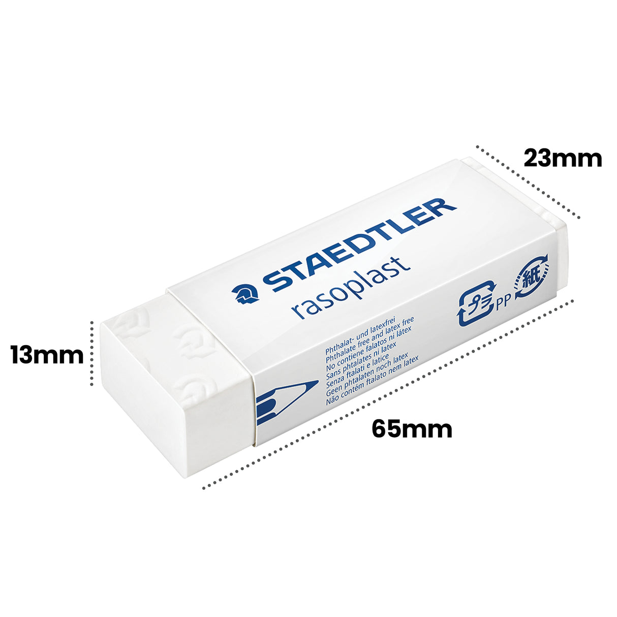 Single large white Staedtler Rasoplast eraser displayed against a light grey background with dotted measurement annotations reading “65mm”, “23mm” and “13mm”. The rectangular eraser features blue printed branding, smooth matte surfaces, crisp edges and a partially exposed eraser block extending from the sleeve.