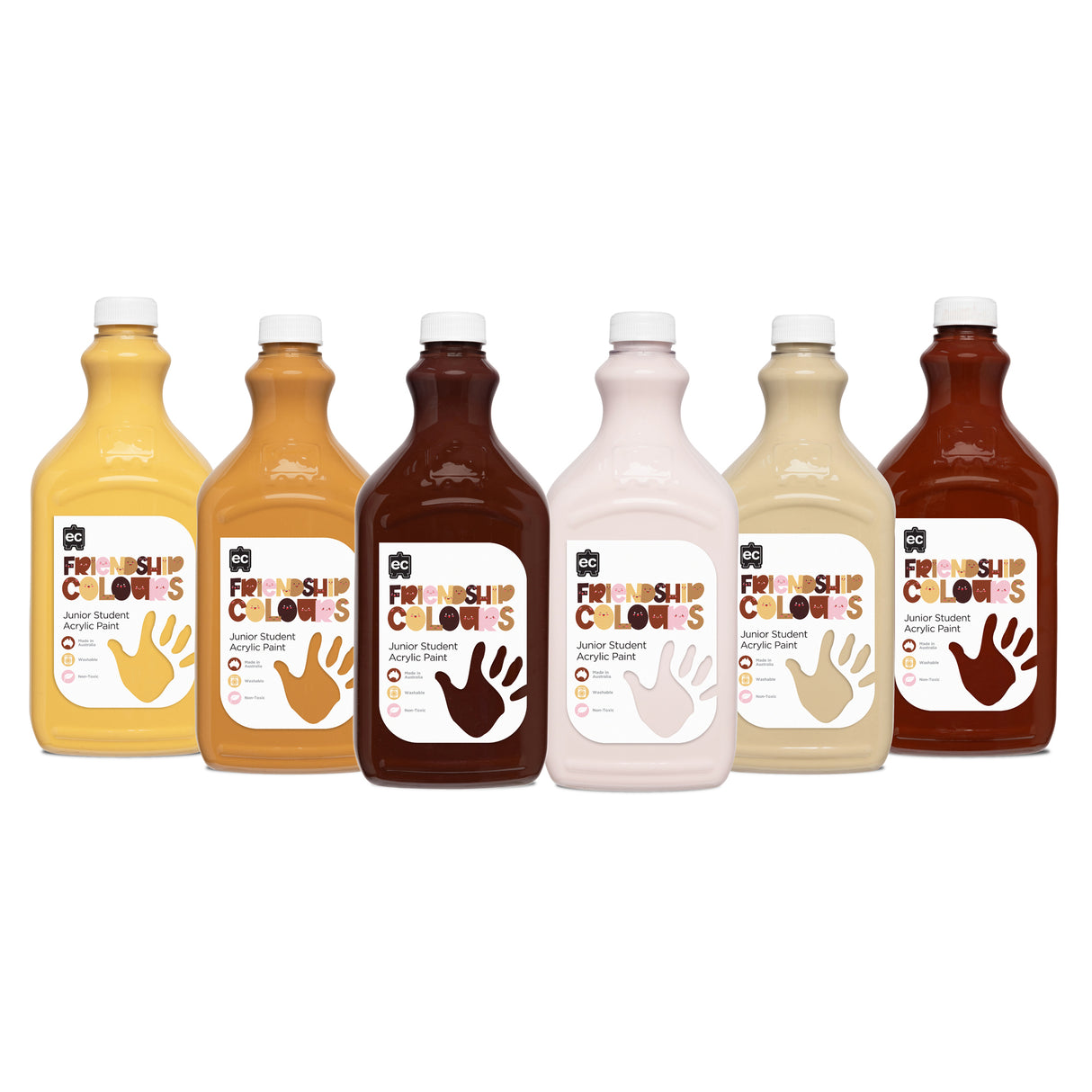 Six bottles of Educational Colours Friendship Colours Junior Student Acrylic Paint in 2L squeeze bottles with white caps, displaying a range of skin tone colours from pale yellow through beige, tan, brown, pale pink, cream to deep reddish-brown. Each label features a handprint matching the paint colour inside.