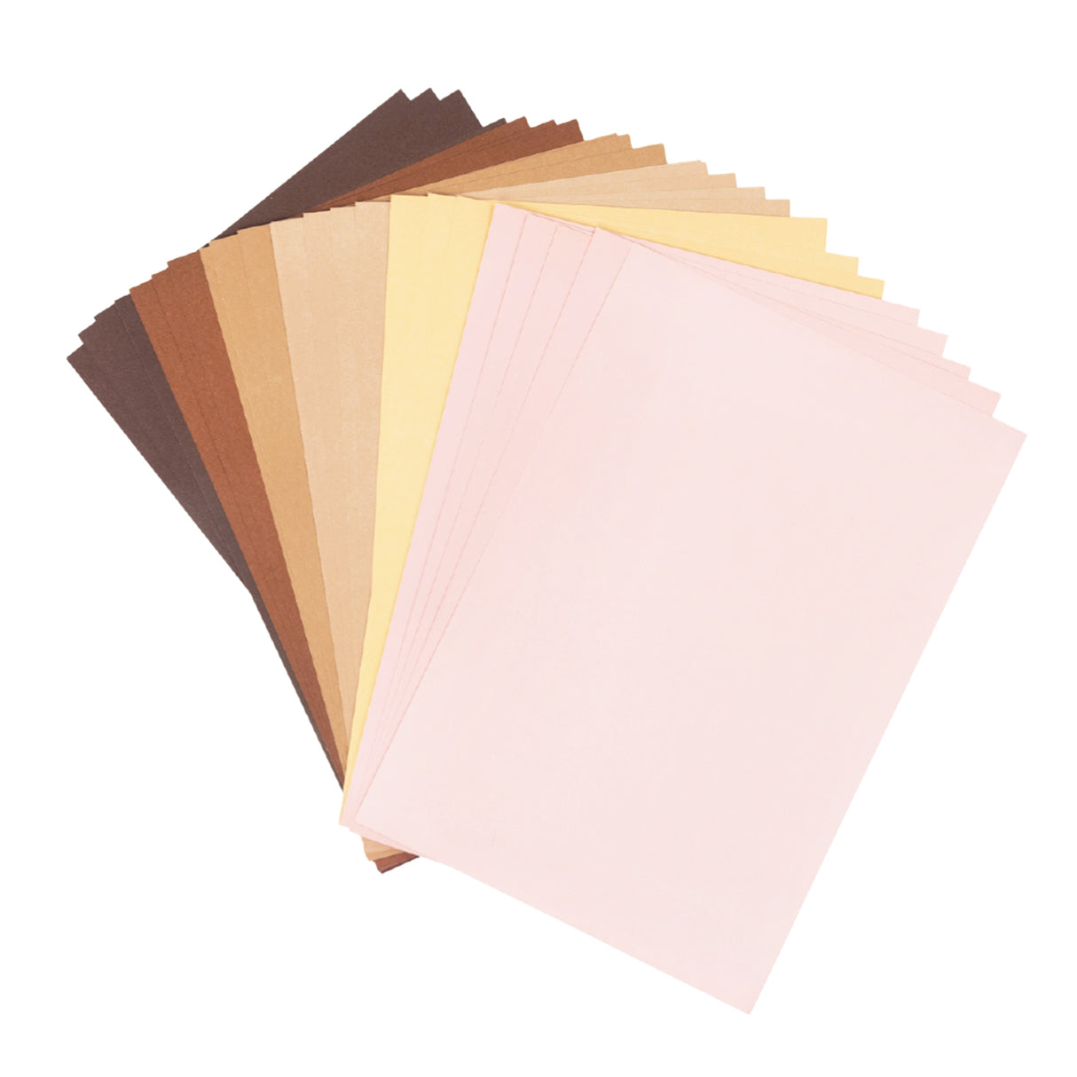 A fanned display of Friendship Colour Premium Craft Paper A4 sheets showing a range of skin-tone shades from deep brown through tan, beige, cream, and pale yellow to soft pink tones. The textured paper sheets are arranged in an overlapping arc against a white background, displaying the inclusive colour palette.