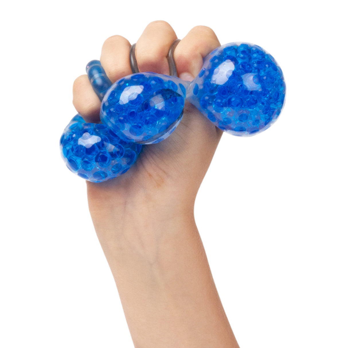 A hand squeezing three transparent blue gel-filled sensory balls with a textured, dimpled surface. The EmotiBalls are filled with water beads visible through the clear exterior, demonstrating their tactile and stress-relief properties. The squishy balls show light reflections on their translucent surface, highlighting their flexible, malleable nature ideal for sensory play and fidgeting activities.
