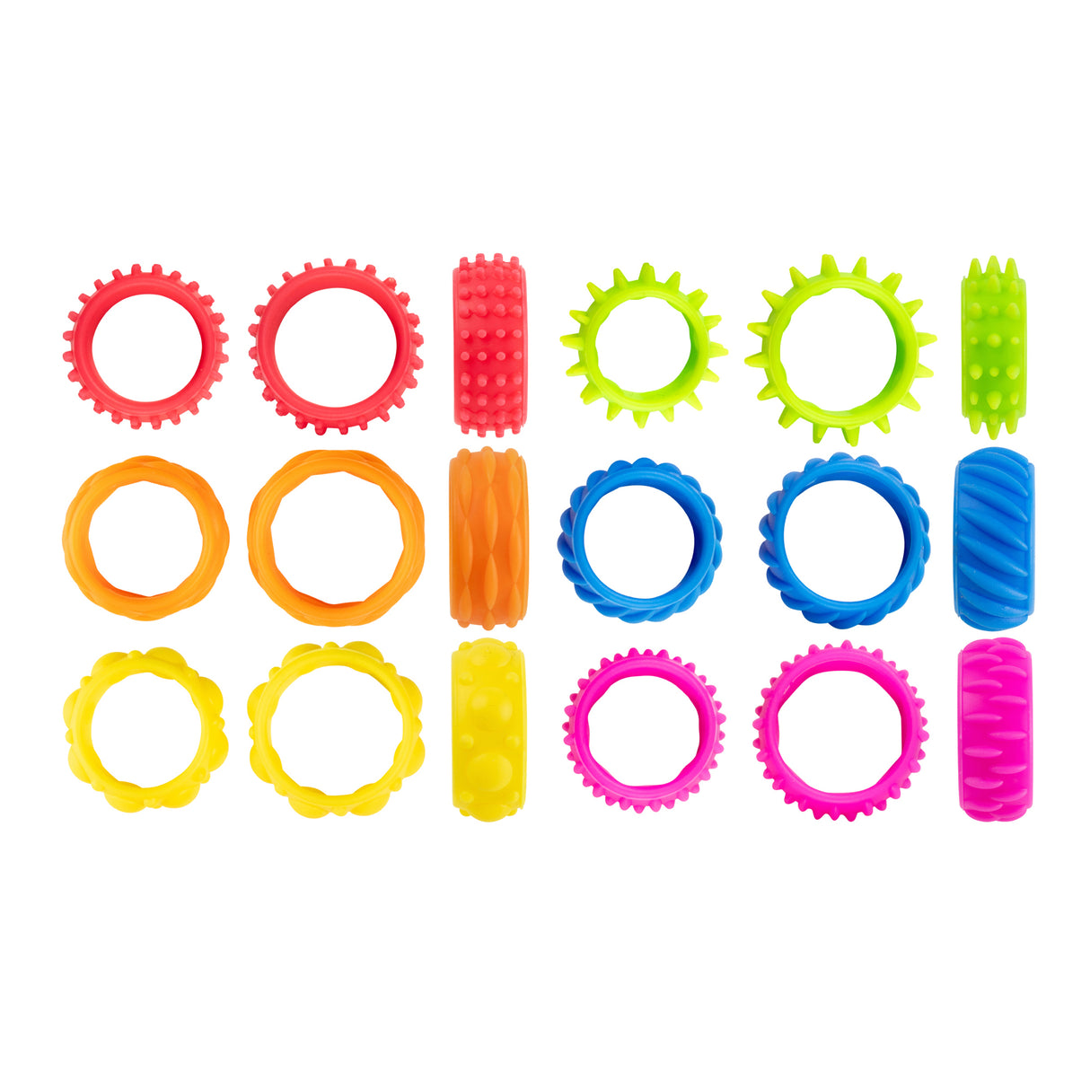 Set of twelve colourful textured fidget rings arranged in three rows, displaying six different tactile patterns including spiked gears, smooth rings, scalloped edges, and ribbed surfaces in bright red, lime green, orange, blue, yellow, and magenta plastic.