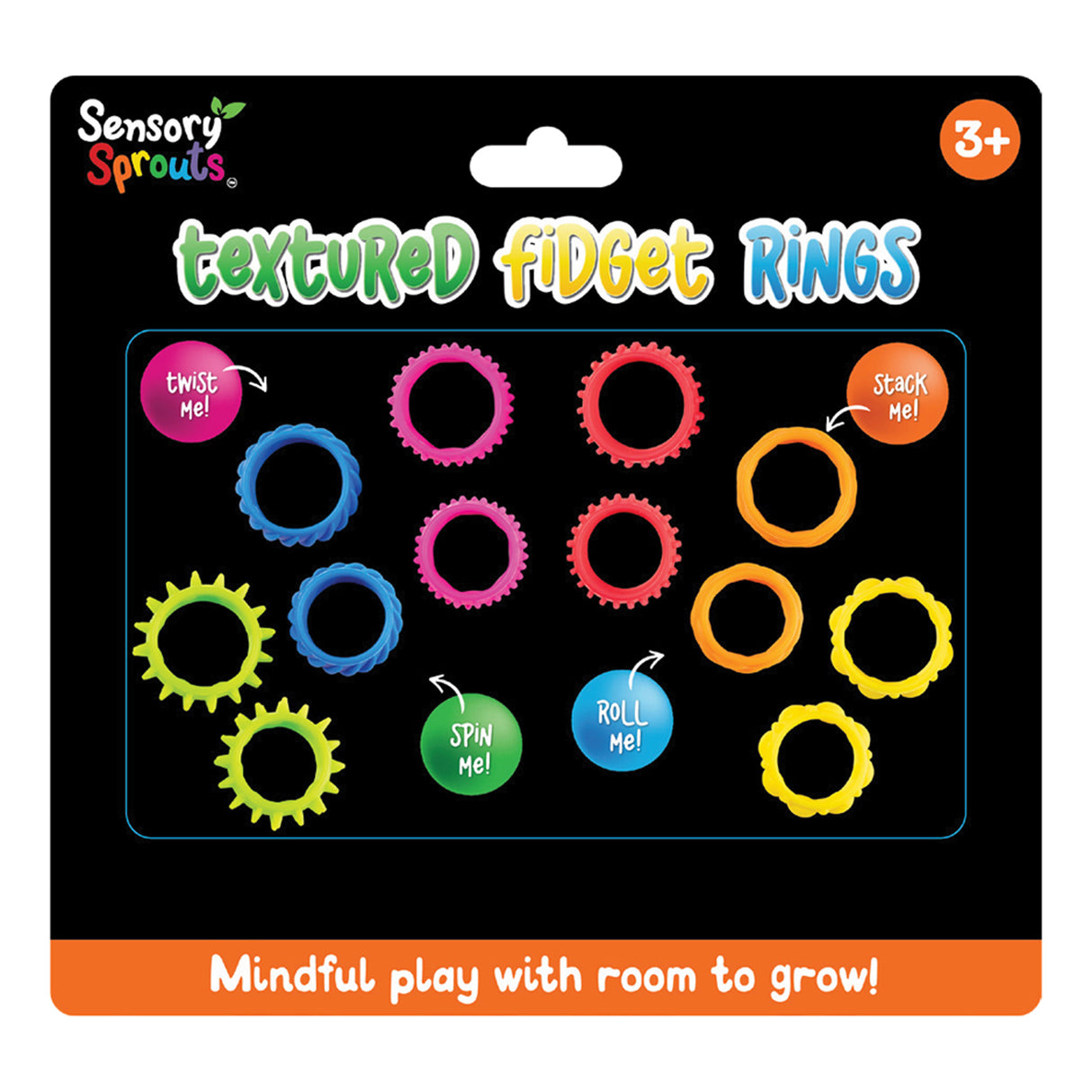 Sensory Sprouts Textured Fidget Rings packaging displaying twelve colourful silicone rings in various textures including ridged, smooth, and spiked designs in pink, blue, orange, yellow, and green. Packaging features text "twist Me!", "SPIN Me!", "ROLL Me!", and "Stack Me!" with age recommendation 3+ and tagline "Mindful play with room to grow!"