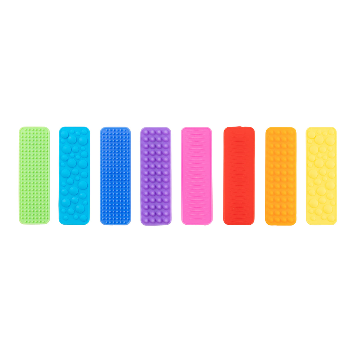 Eight brightly coloured silicone fidget strips arranged horizontally, each featuring different tactile patterns including dots, waves, lines and circles. The strips are in lime green, cyan blue, royal blue, purple, hot pink, red-orange, orange and yellow, showcasing varied sensory textures for hands-on exploration and calming fidget activities.