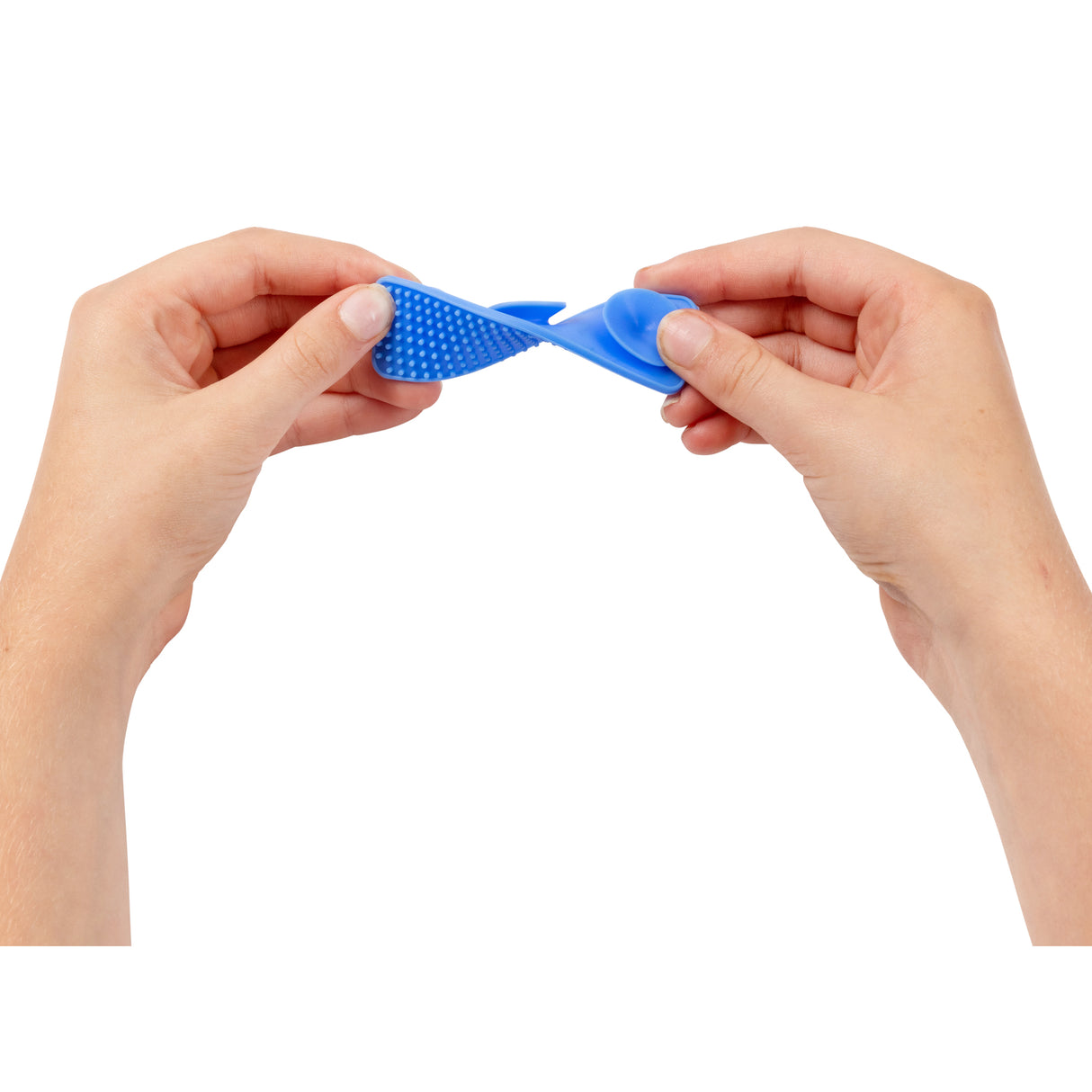 Two hands demonstrating the flexible blue silicone fidget strip being bent and twisted, revealing its dual-textured surface with raised dots on one side and smooth rounded ridges on the other, perfect for tactile sensory engagement and fidgeting activities.