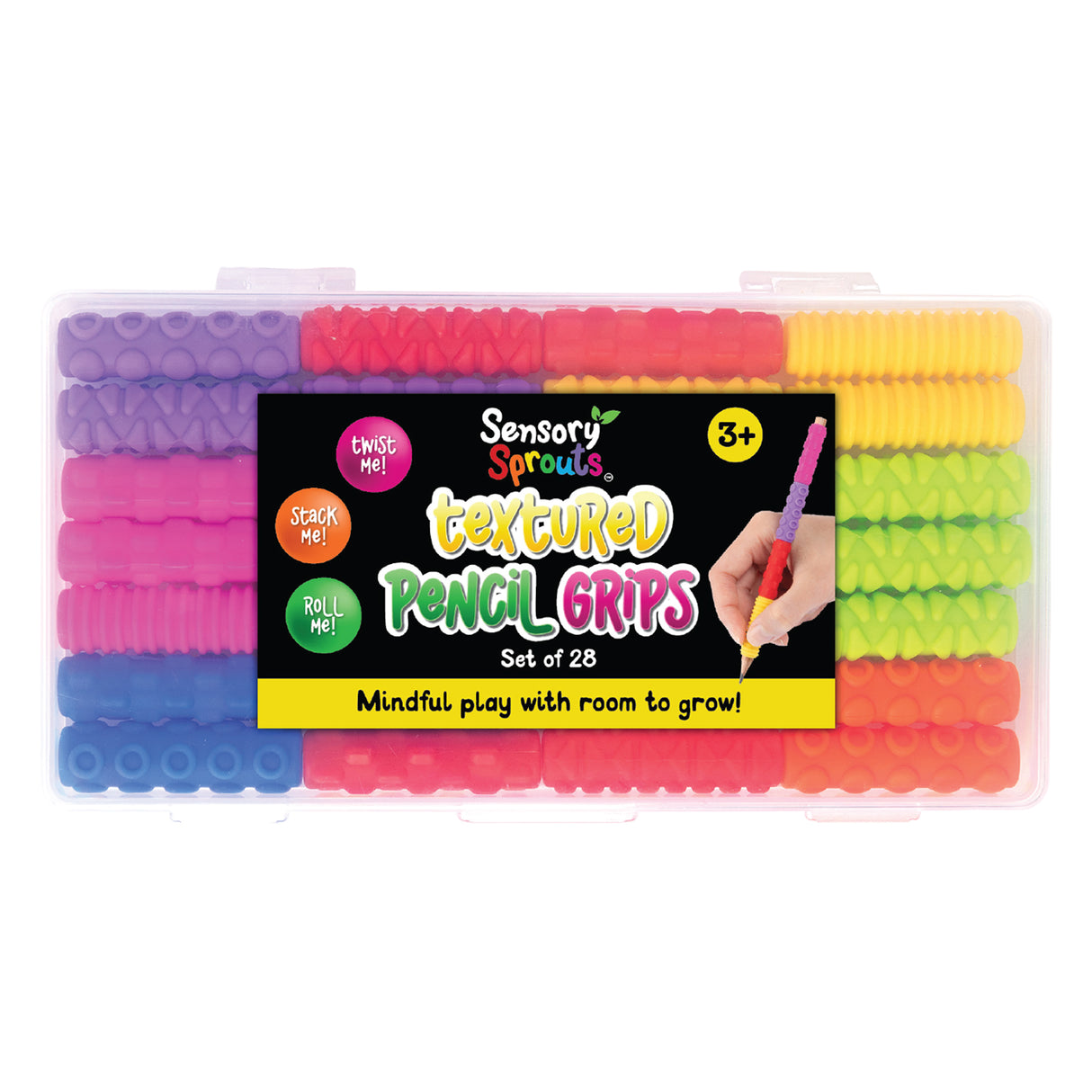 Clear storage case containing 28 Sensory Sprouts Textured Pencil Grips in vibrant colours including purple, pink, red, yellow, green, blue and orange. Each grip features different textured patterns. The black label reads "twist me!", "stack me!", "roll me!" and "Mindful play with room to grow!" with a 3+ age recommendation.