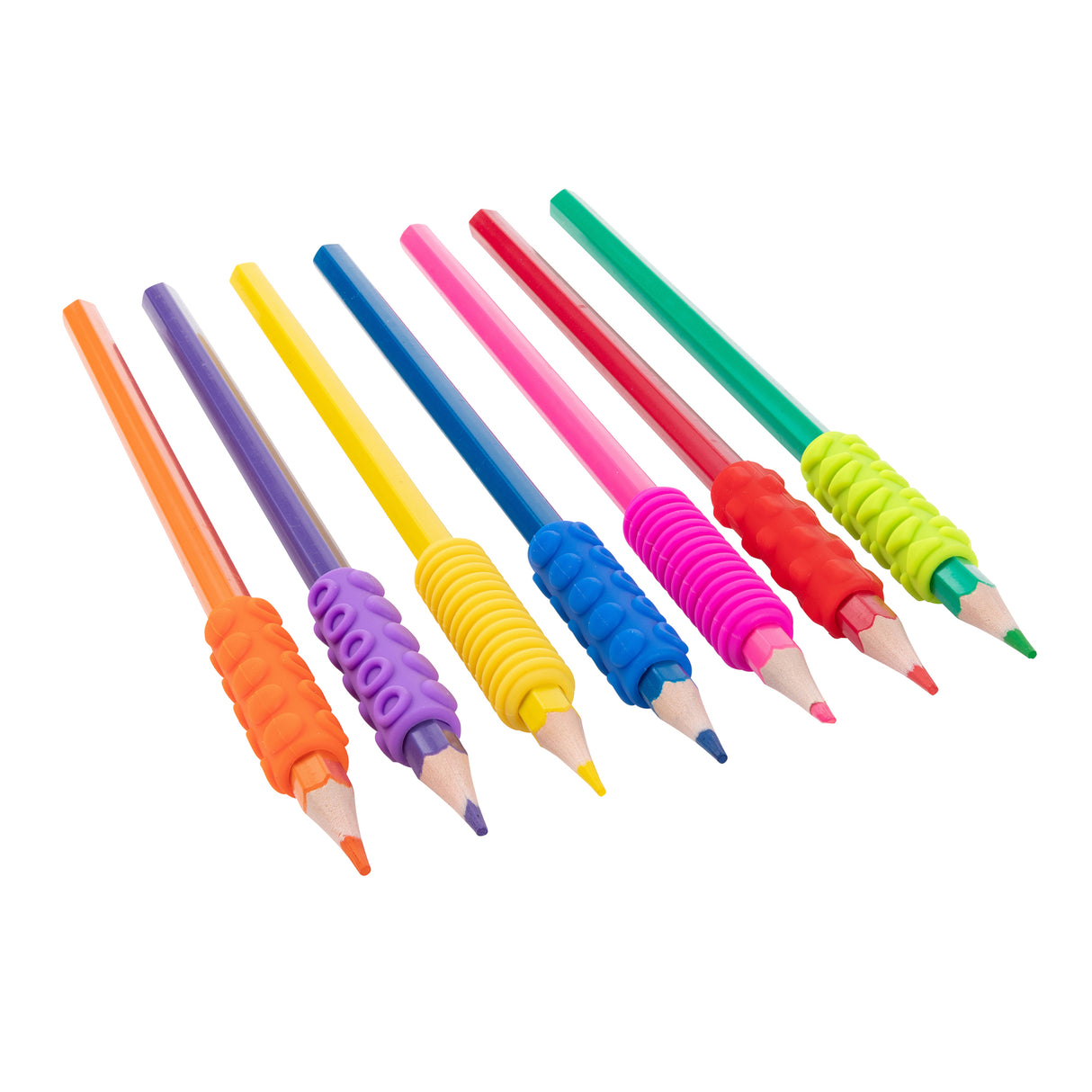 Seven coloured pencils arranged diagonally, each fitted with a matching Sensory Sprouts Textured Pencil Grip featuring ribbed rubber surfaces in orange, purple, yellow, blue, pink, red, and green. The ergonomic grips show distinct ridged patterns designed to support comfortable pencil handling and sensory feedback during writing and drawing activities.
