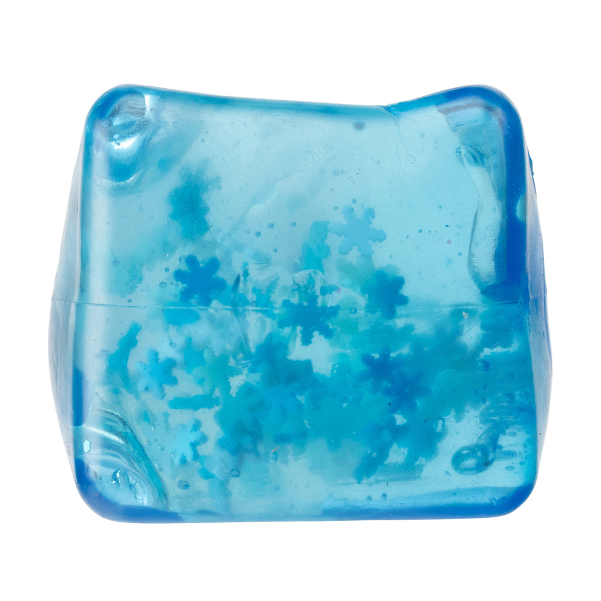 Translucent blue jelly cube with soft, rounded square shape featuring swirled patterns and watercolour-like variations in turquoise and light blue throughout. The tactile sensory toy has a glossy, gel-filled appearance with visible texture and movement within the clear material.