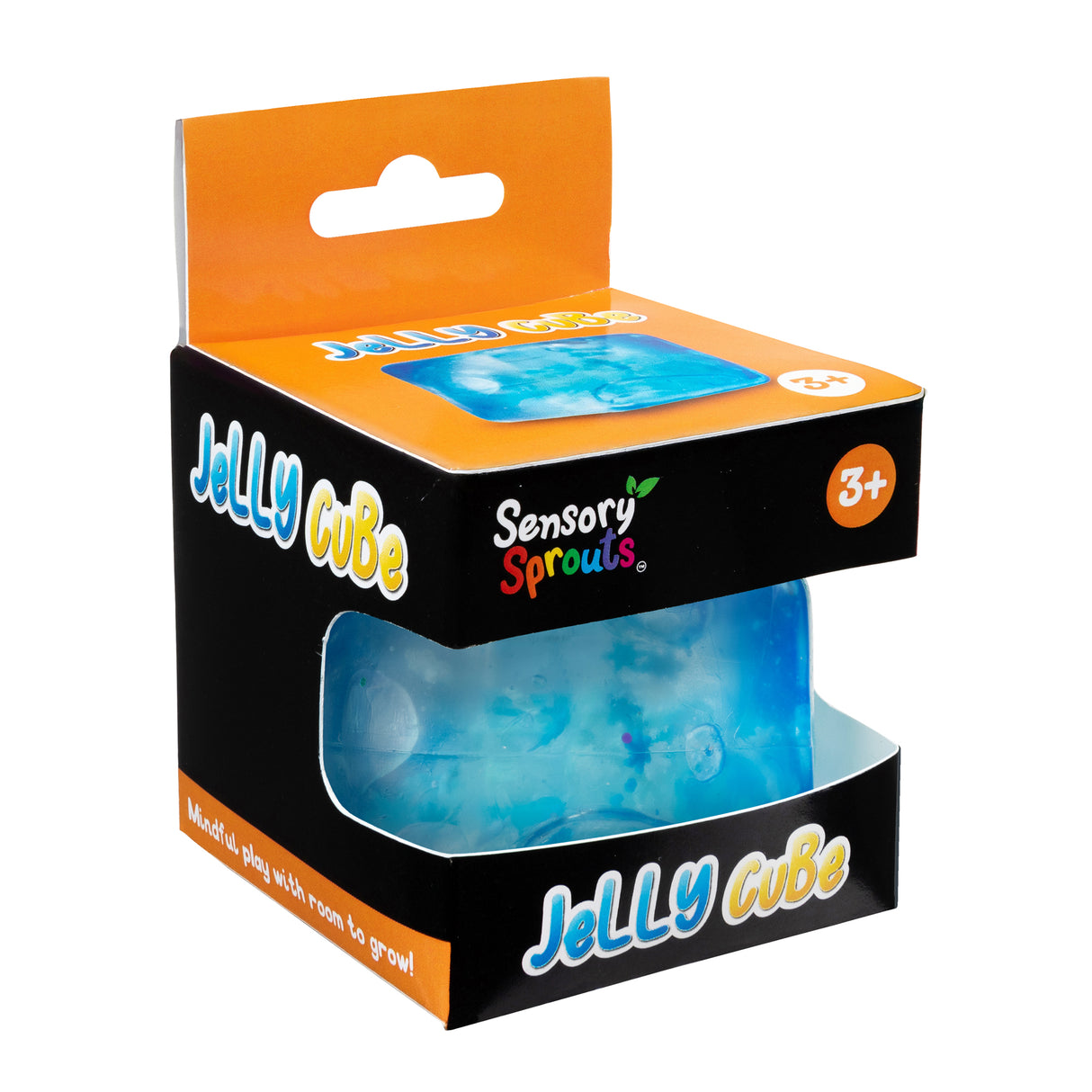 Sensory Sprouts JeLLO cuBe sensory toy in blue, visible through clear window in orange and black retail packaging. Box features playful lettering and text reading Mindful play with room to grow. Suitable for ages 3+, this squishy tactile cube provides engaging sensory play for children.
