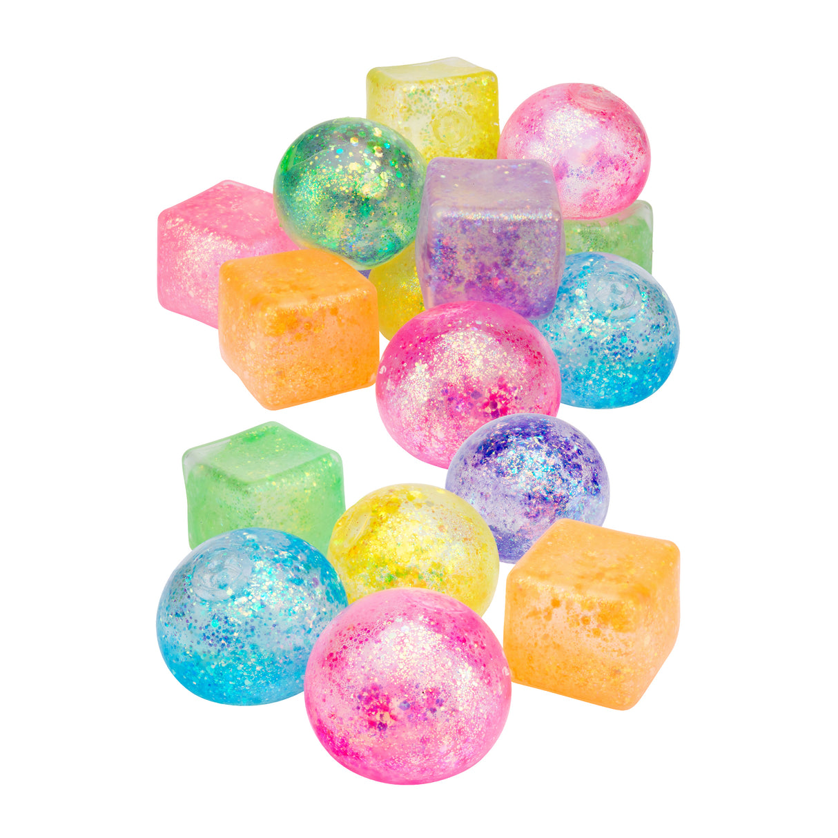 Collection of translucent sensory shapes in spheres and cubes featuring vibrant colours including pink, purple, yellow, orange, green, and blue. Each Sensory Sprouts Stretch & Sparkle Shape contains glitter particles suspended within, creating a sparkling effect throughout the flexible, tactile materials suitable for sensory play.