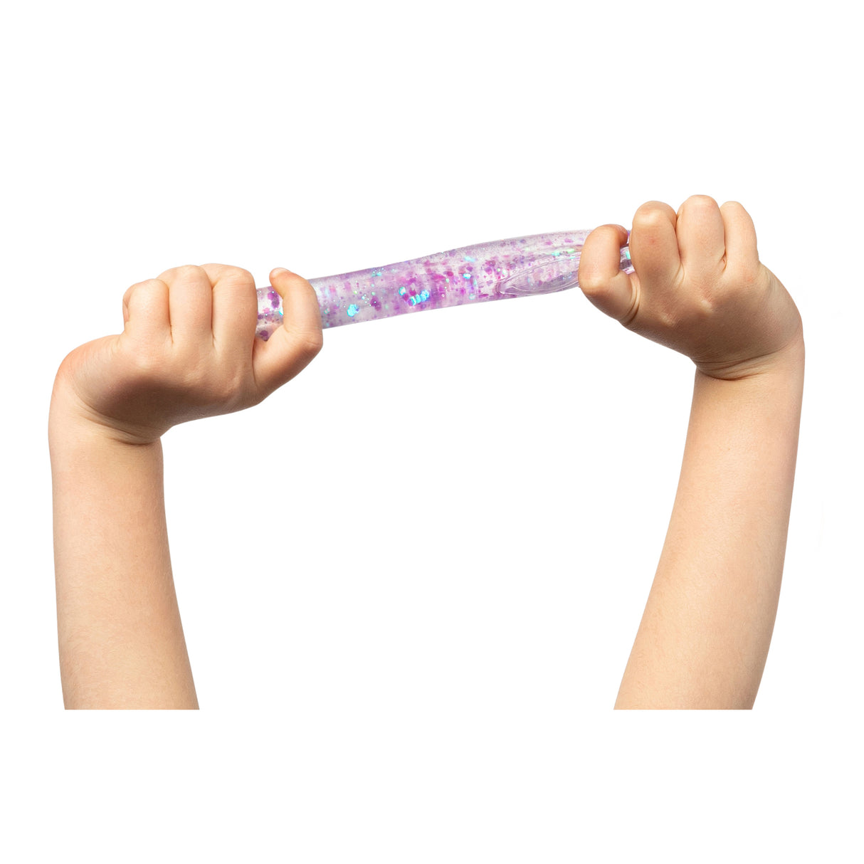 Two hands stretching a translucent purple sensory tube filled with iridescent pink, purple and blue glitter confetti. The flexible tactile toy demonstrates its stretchable properties as it extends between the child's hands, with sparkles suspended in clear gel creating a mesmerising visual effect ideal for sensory play and calming activities.