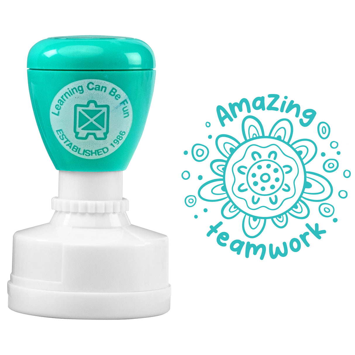 Self-inking merit stamp with turquoise cap featuring Learning Can Be Fun Established 1986 logo on white base. Sample impression shows decorative mandala flower design with text Amazing teamwork in turquoise ink, surrounded by dots and circular patterns in Indigenous Australian-inspired style.