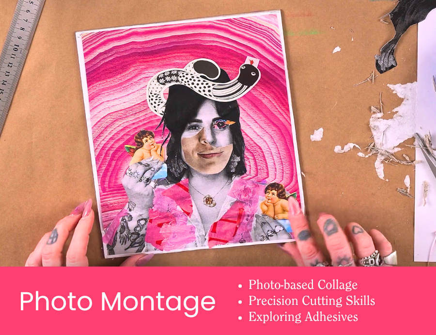Zart Education PL The Essentials of Collage Activity 2: Photo Montage. A person presents a completed collage artwork featuring a portrait assembled from cut-out photos, a stylised snake, and cherubs on a pink layered background. The hands show tattoos and rings, surrounded by paper scraps, glue, and scissors. Text on a pink banner reads “Photo Montage – Photo-based Collage, Precision Cutting Skills, Exploring Adhesives.”