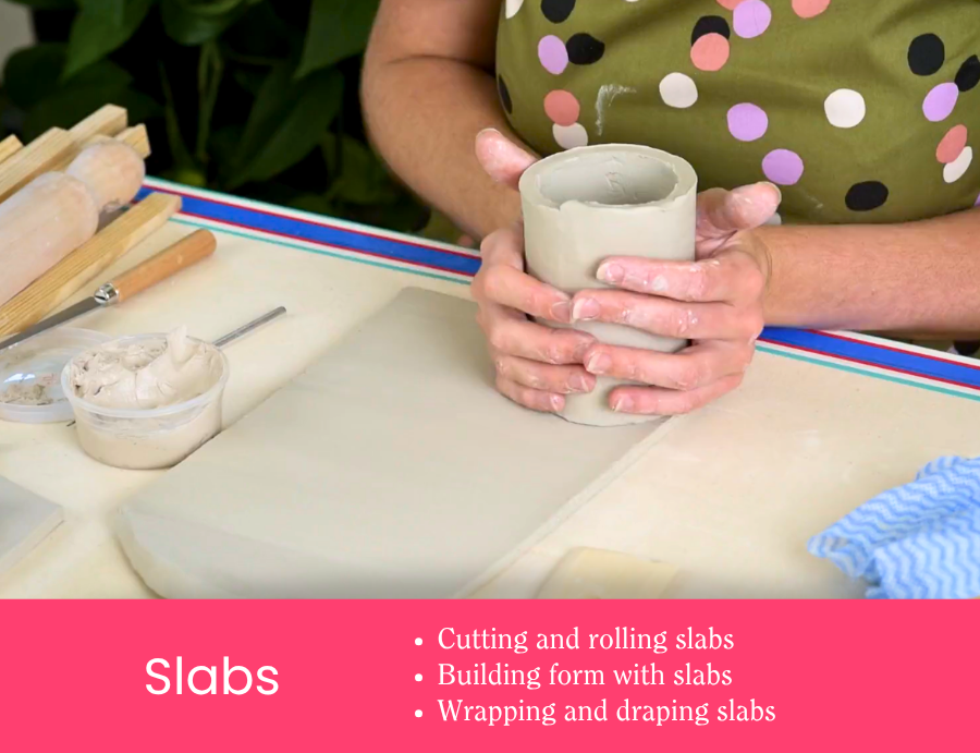 Zart Education Professional Learning The Essentials of Clay image showing hands holding a cylindrical clay vessel beside a rolled clay slab and modelling tools. The clay surface appears smooth and pale grey. Pink banner text reads: “Slabs” with “Cutting and rolling slabs”, “Building form with slabs”, and “Wrapping and draping slabs”.
