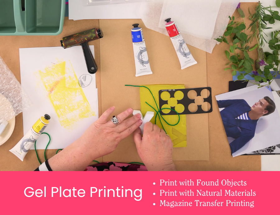 Zart Education PL The Essentials of Printing – A top-down view of a gel plate printing setup showing hands arranging string and a stencil on a gel plate while acrylic paint tubes, a brayer, bubble wrap, printed samples, natural materials and a magazine page sit around the workspace. A pink banner along the bottom features the text: “Gel Plate Printing – Print with Found Objects · Print with Natural Materials · Magazine Transfer Printing.”