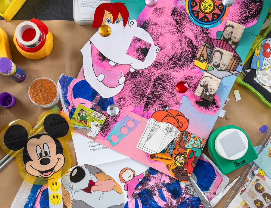 Zart Education PL: The Essentials of Collage workshop. The table is covered with cut-out cartoon images, painted papers, glitter, gems, glue, and craft tools, showing playful mixed-media outcomes from the course.