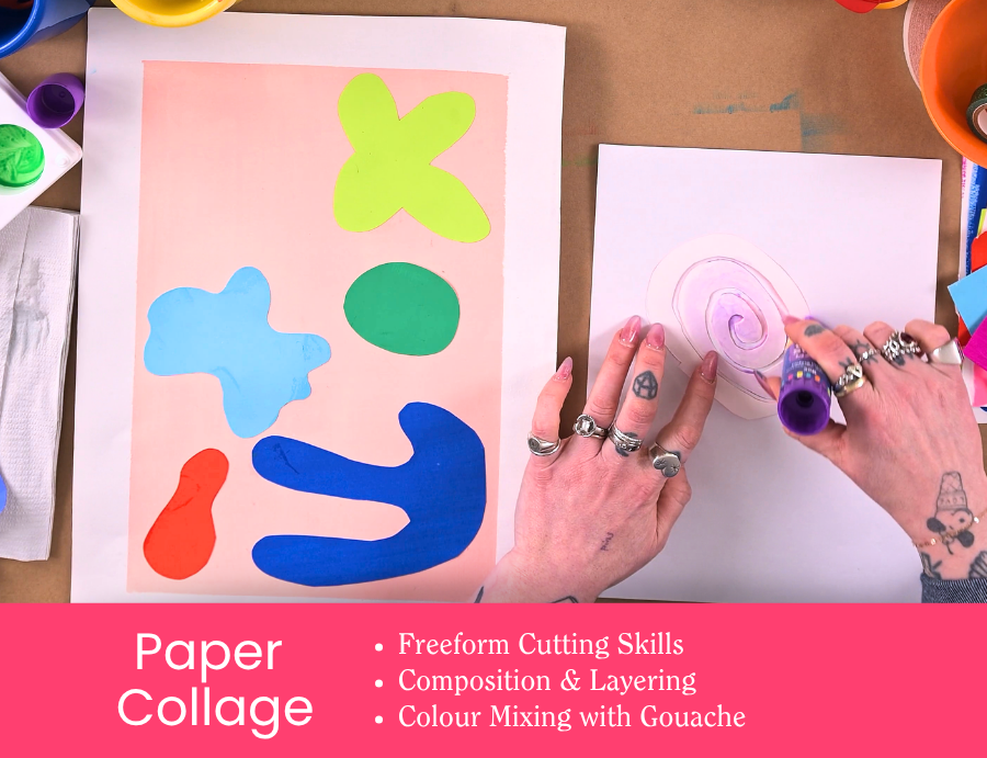 Zart Professional Learning Workshop value point tile for Essentials of Collage: Paper Collage. Hands are shown arranging cut paper shapes in blue, pink, and green on a light background. Bullet points read: Freeform Cutting Skills; Composition & Layering; Colour Mixing with Gouache.