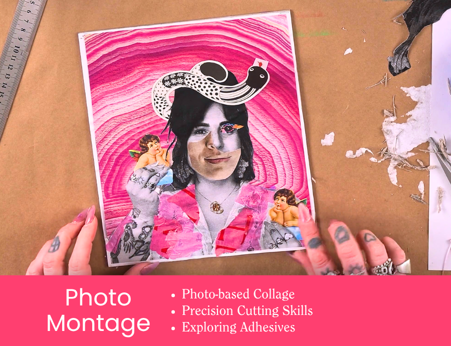 Zart Professional Learning Workshop value point tile for Essentials of Collage: Photo Montage. Hands hold a completed photo-based collage featuring a portrait surrounded by cherub cutouts and pink painted swirls on a kraft surface. Bullet points read: Photo-based Collage; Precision Cutting Skills; Exploring Adhesives.