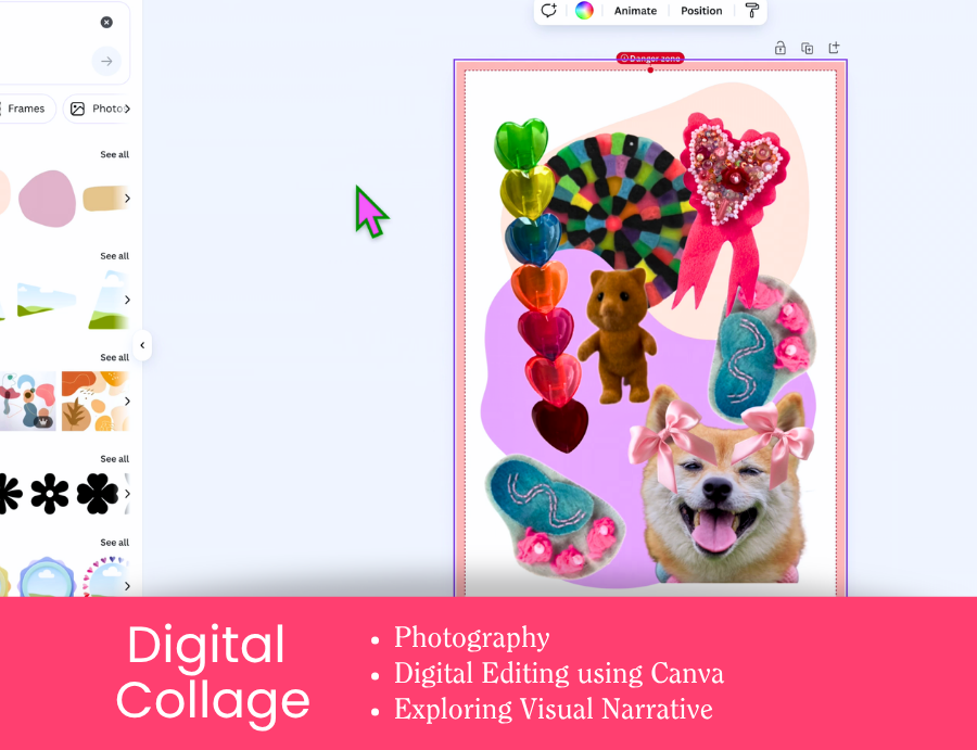 Zart Professional Learning Workshop value point tile for Essentials of Collage: Digital Collage. A screenshot of a digital collage in progress using Canva, featuring a dog, heart shapes, and decorative elements. Bullet points read: Photography; Digital Editing using Canva; Exploring Visual Narrative.