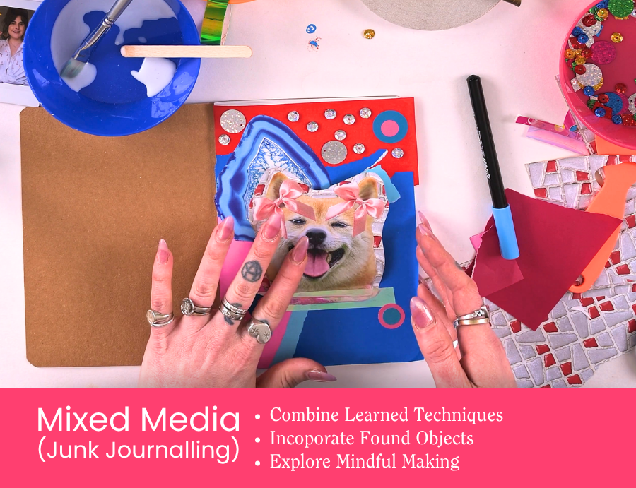 Zart Professional Learning Workshop value point tile for Essentials of Collage: Mixed Media (Junk Journalling). Hands assemble a vibrant mixed media journal page featuring a printed dog image, sequins, mirror tiles, and coloured paper. Bullet points read: Combine Learned Techniques; Incorporate Found Objects; Explore Mindful Making.