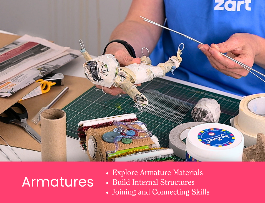 Zart Professional Learning Workshop value point tile for Essentials of Modelling: Armatures. A Zart presenter in a blue apron builds a wire and papier-mâché armature figure at a craft table surrounded by tape, tools, and mixed materials. Bullet points read: Explore Armature Materials; Build Internal Structures; Joining and Connecting Skills.