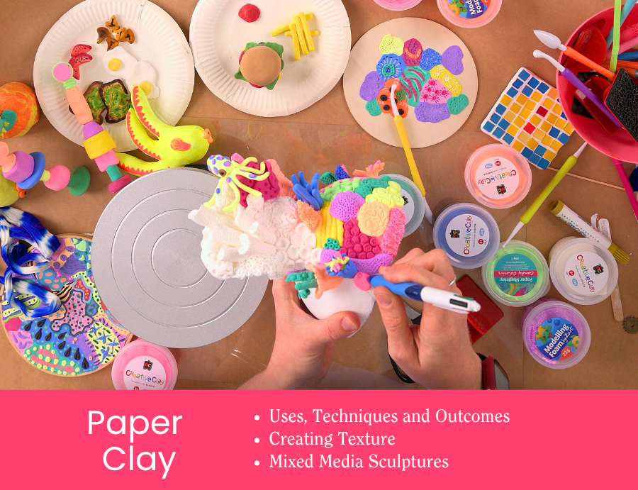 Zart Professional Learning Workshop value point tile for Essentials of Modelling: Paper Clay. An overhead view of hands sculpting a colourful paper clay figure surrounded by vibrant CrafteCo modelling foam tubs, paper plate palettes, and mixed media sculptures. Bullet points read: Uses, Techniques and Outcomes; Creating Texture; Mixed Media Sculptures.