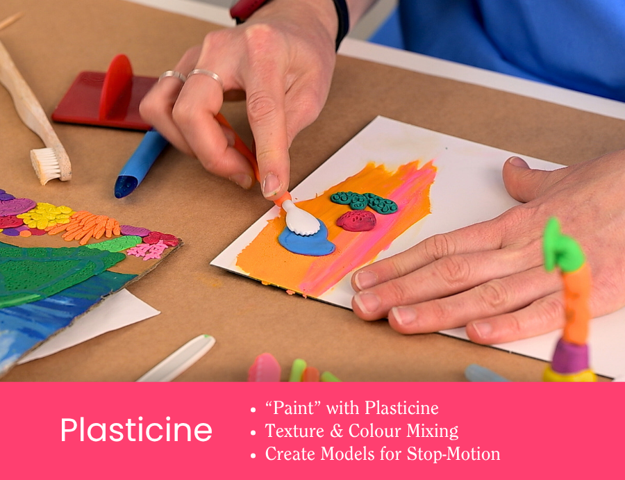 Zart Professional Learning Workshop value point tile for Essentials of Modelling: Plasticine. Hands press colourful plasticine onto a painted orange background, with completed plasticine artworks visible alongside. Bullet points read: "Paint" with Plasticine; Texture & Colour Mixing; Create Models for Stop-Motion.