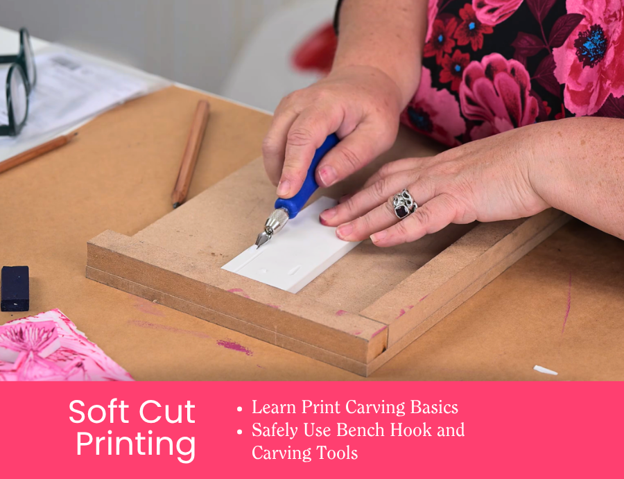 Zart Professional Learning Workshop value point tile for Essentials of Printing: Soft Cut Printing. Hands use a blue-handled carving tool to cut a design into a soft cut block secured with a bench hook. Bullet points read: Learn Print Carving Basics; Safely Use Bench Hook and Carving Tools.