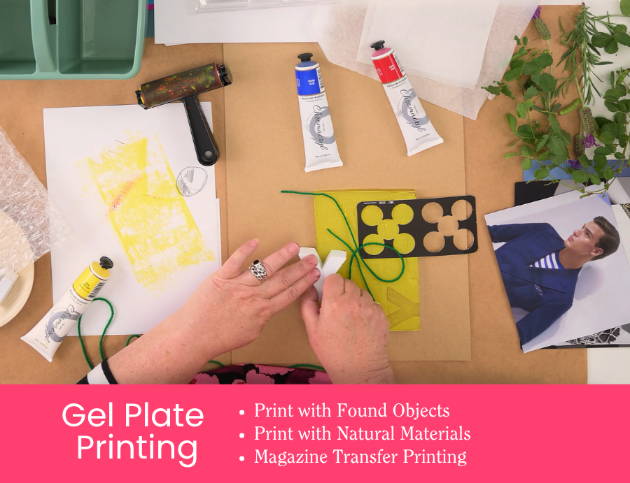 Zart Professional Learning Workshop value point tile for Essentials of Printing: Gel Plate Printing. Hands arrange a stencil and string on an inked gel plate surrounded by acrylic paint tubes, a brayer, natural foliage, and magazine images. Bullet points read: Print with Found Objects; Print with Natural Materials; Magazine Transfer Printing.