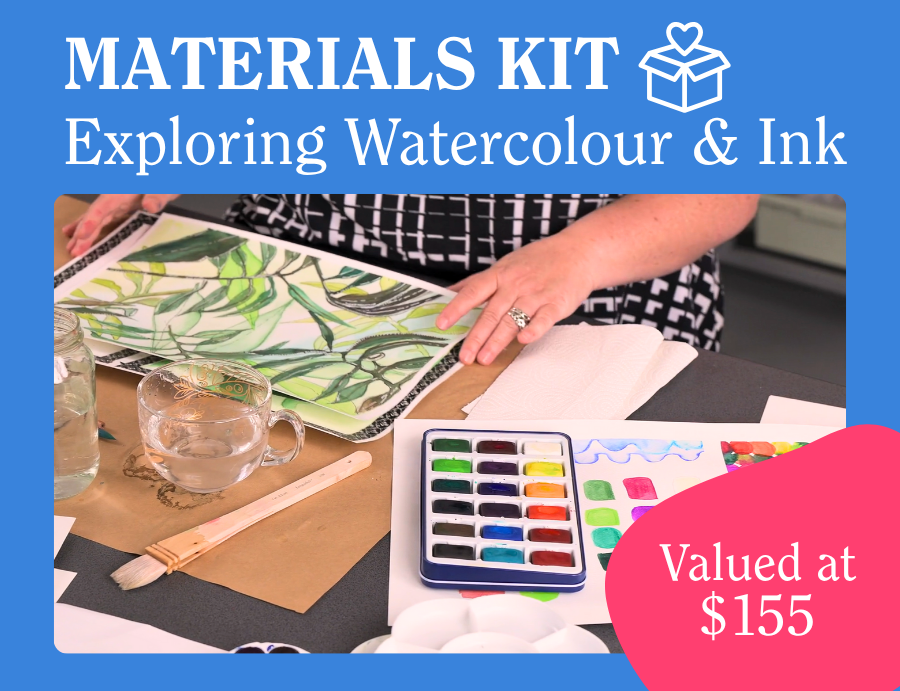 Zart Education PL Online Exploring Watercolour and Ink Materials Kit — Promotional image showing a participant working on a botanical watercolour painting, surrounded by workshop materials including a watercolour palette, brushes, water jars, and colour test sheets. The design features a blue header with the title and a pink shape noting “Valued at $155.”