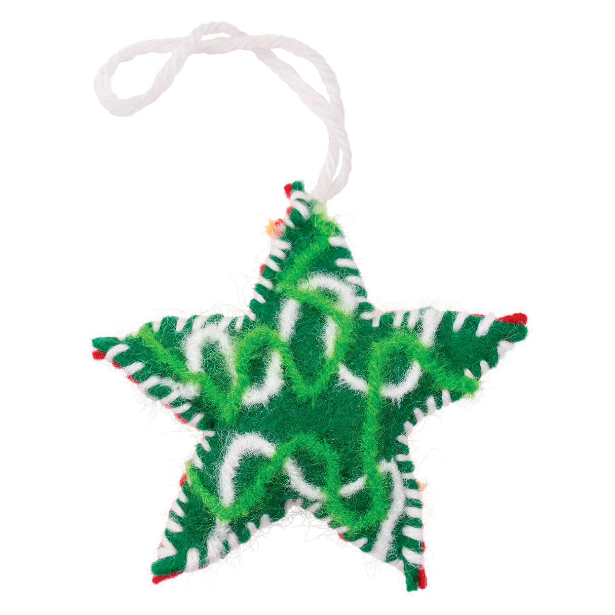 A hand-stitched felt star sample made using Zart Felt Star Decorations, in green with a looping white yarn design and red-trimmed points. White blanket stitching outlines the star, with the raised white yarn creating a candy-cane-like textured pattern over the green felt.