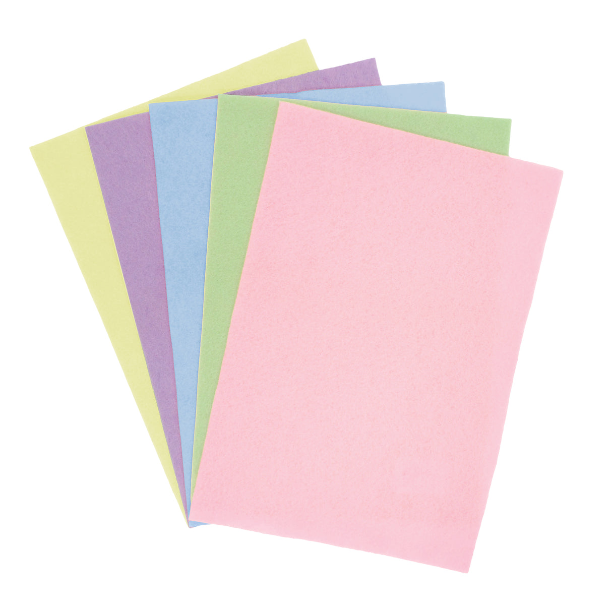 Fan of pastel-coloured felt sheets in soft pink, green, blue, lavender and yellow. The A4-sized sheets display a subtle textured surface, arranged in an overlapping spread showing the gentle colour palette of 25 sheets included in the pack.