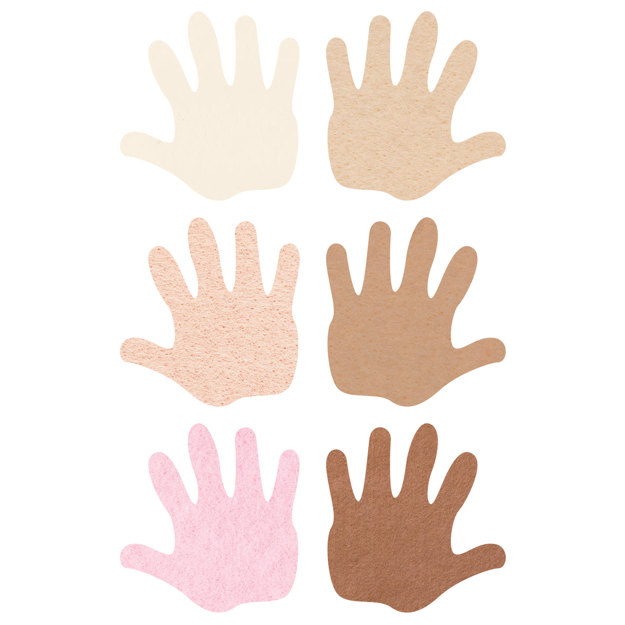 Six felt hand cutouts displayed in pairs, representing diverse skin tones from pale cream to dark brown, including beige, peachy pink, tan, and medium brown. Each hand shape shows five fingers spread wide with visible textured felt surface.