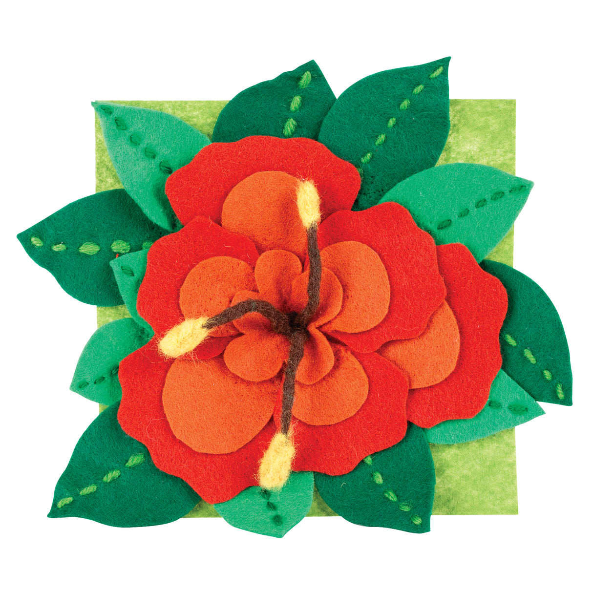 Vibrant felt craft flower with layered red and orange petals, yellow stamens with brown centres, surrounded by green leaves with decorative stitching on a mottled lime green background, demonstrating dry felting techniques.