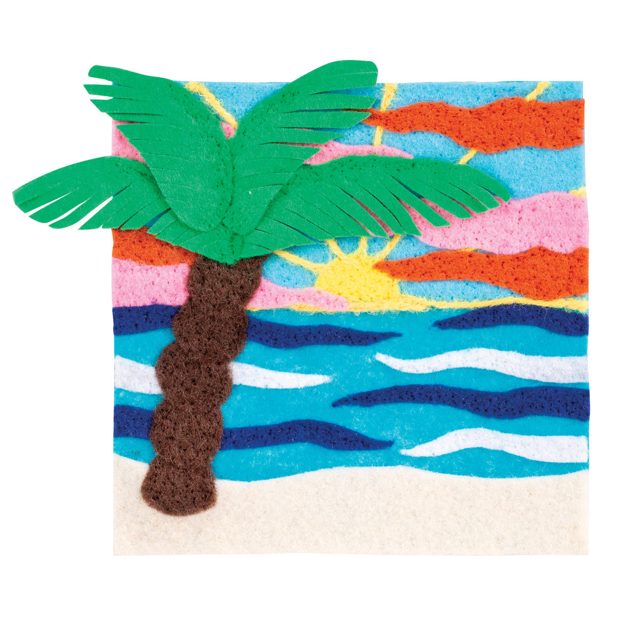 Vibrant tropical beach scene created with coloured felt showing a green palm tree with dimensional cut fronds against a sunset sky with orange and pink clouds, turquoise ocean waves below, and sandy beige foreground demonstrating textured dry felting techniques.