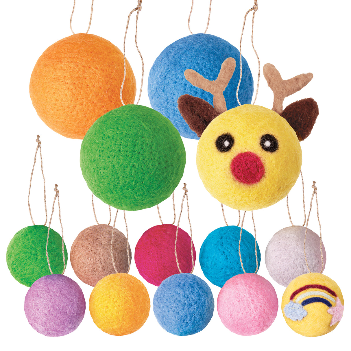 Colourful felted wool balls with jute hanging loops displayed in rows. Top row shows four larger balls including a yellow reindeer face with brown antlers, red nose and embroidered eyes, plus orange, blue and green plain spheres. Bottom rows feature fourteen smaller balls in assorted vibrant colours including one decorated with a rainbow motif.