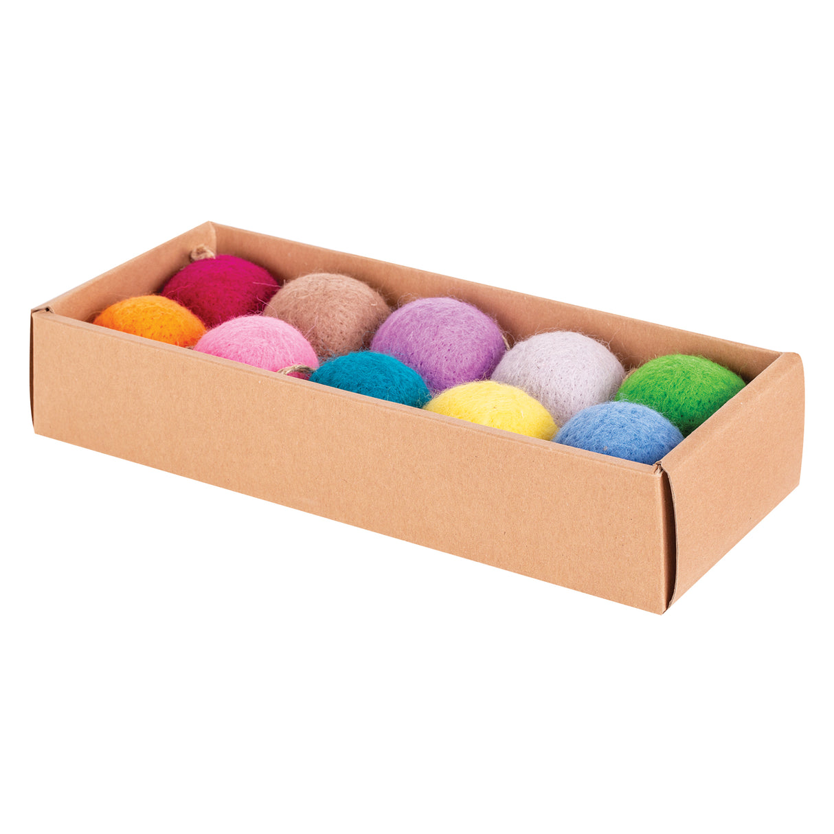 Cardboard box containing ten colourful felted wool balls arranged in two rows. Colours include orange, magenta, pink, beige, turquoise, purple, white, yellow, green and blue. Each Dry Felting Ball has a soft, textured surface ideal for craft projects.