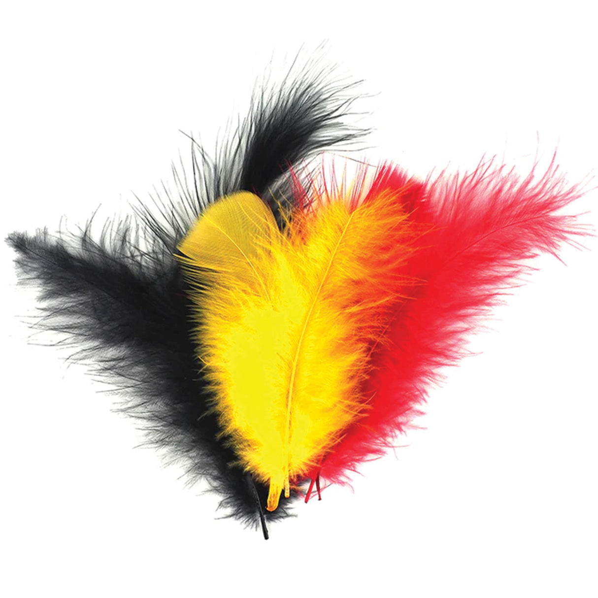 Four fluffy craft feathers displayed in Aboriginal flag colours: black, bright yellow, and red-orange. The soft, wispy feathers have delicate barbs and visible quills, arranged overlapping on a white background to showcase their vibrant hues and natural texture.
