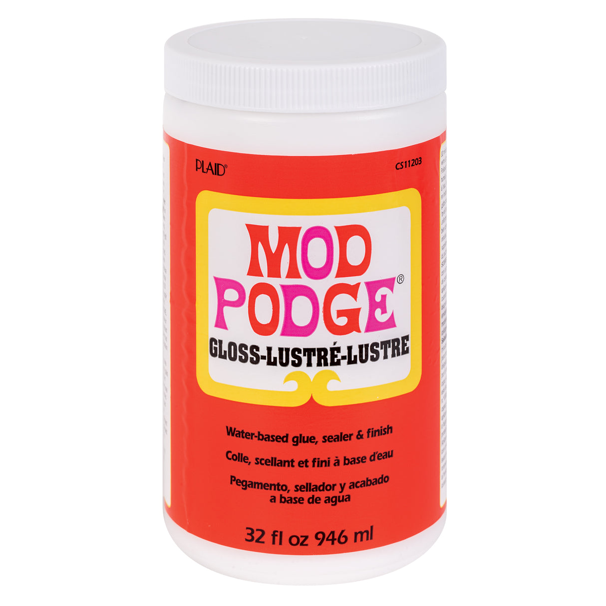 Plaid Mod Podge Gloss in a white plastic tub with vibrant orange and yellow label. The product name features red and pink lettering, with "GLOSS-LUSTRE-LUSTRE" printed below. Water-based glue, sealer and finish formula in 946ml (32 fl oz) size container.