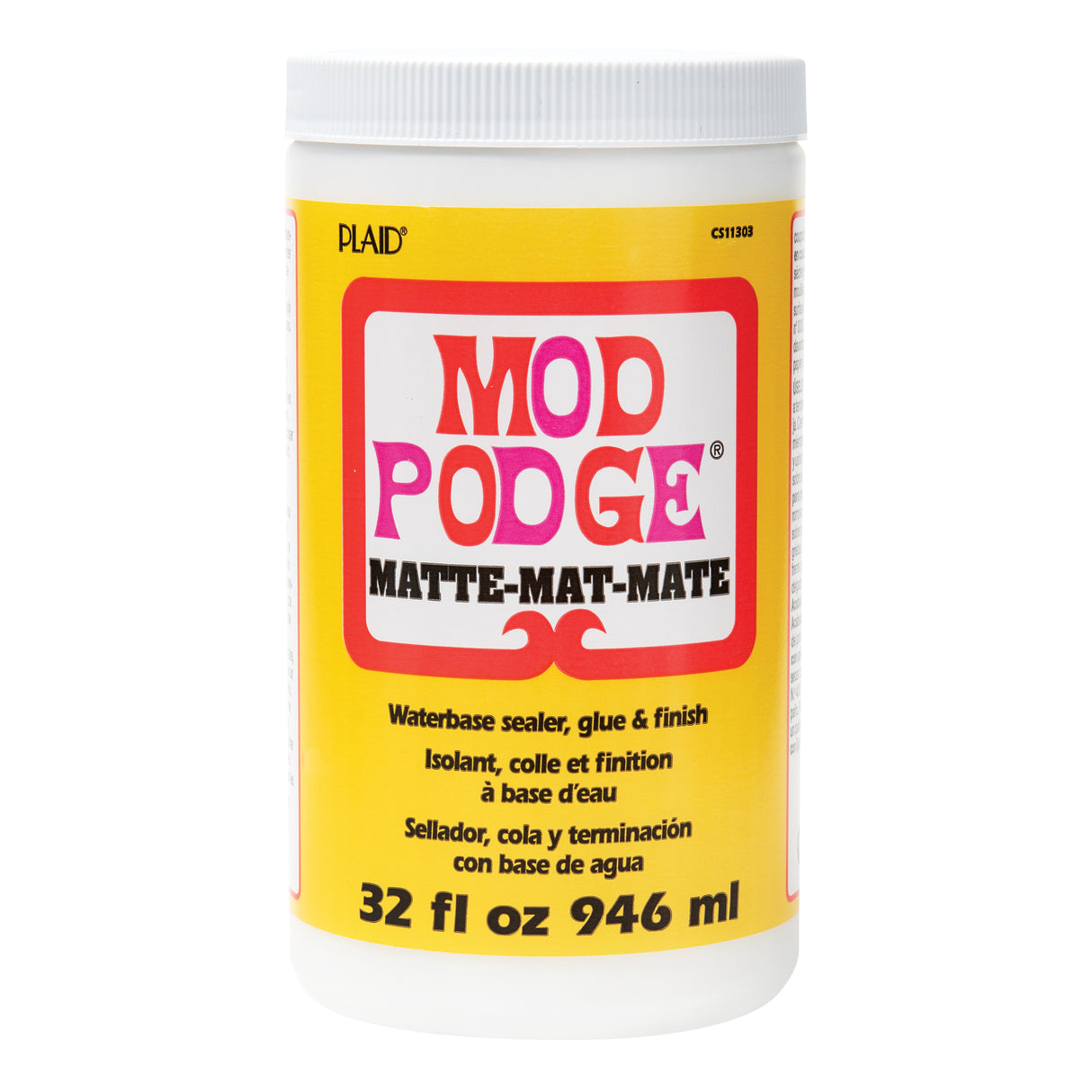Plaid Mod Podge Matte 946ml bottle with white screw cap and bright yellow label featuring bold red and pink logo. Waterbase sealer, glue and finish for decoupage and craft projects. Large format container for classroom or studio use.