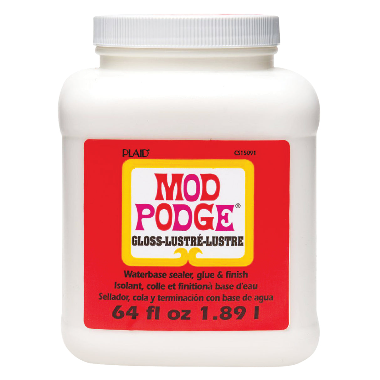 White plastic bottle with grey screw cap containing Mod Podge Gloss decoupage medium by Plaid. The red and yellow label displays the product name in bold lettering, with text indicating it is a waterbase sealer, glue and finish. The 64 fl oz 1.89 litre capacity is shown.