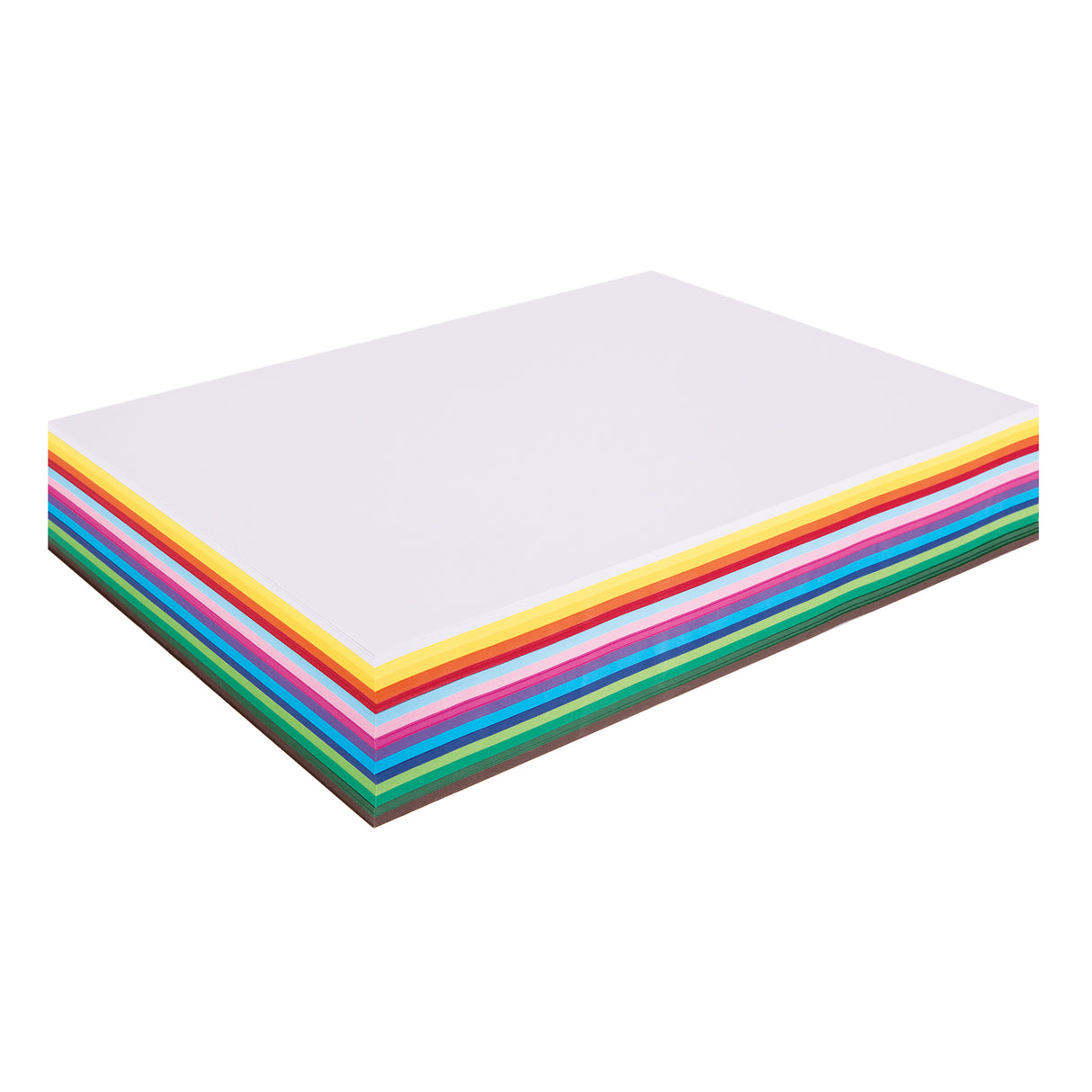 Stack of 500 A3 coloured cover paper sheets, 125gsm weight, displayed at an angle showing vibrant rainbow-coloured edges including yellow, red, pink, blue, green, and brown sheets beneath a white top sheet on a light grey background.