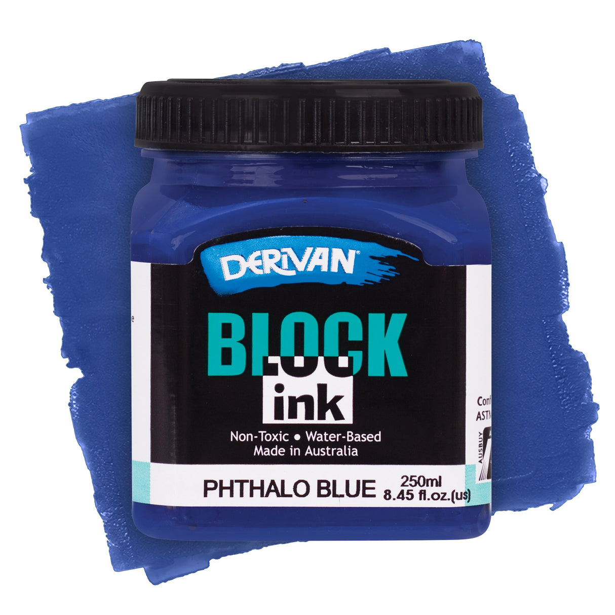 Derivan Block Ink in Phthalo Blue. A deep blue plastic jar with a black lid sits against a rich phthalo blue paint swatch background. The black label features the Derivan logo, "BLOCK ink" in teal and white, and "Non-Toxic • Water-Based • Made in Australia." Labelled Phthalo Blue, 250ml.